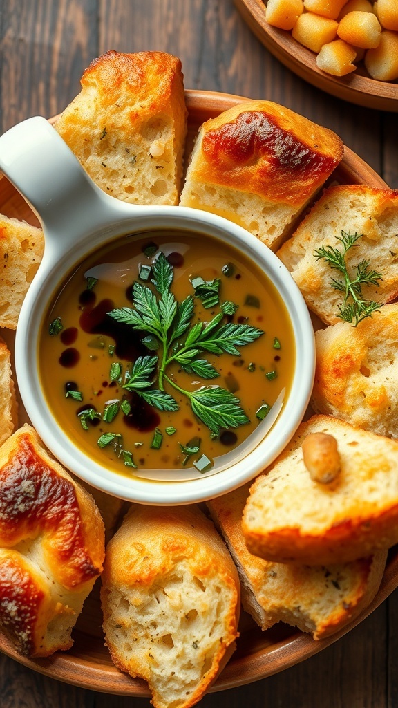 Herb-Infused Focaccia Bread Dipping Sauce Herb-infused dipping sauce in a dish with slices of focaccia bread on a rustic table.